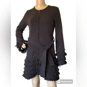 Laundry By Shelli Segal Full Zip  Crochet Sweater W/Sash Boho Shag Women Sz S